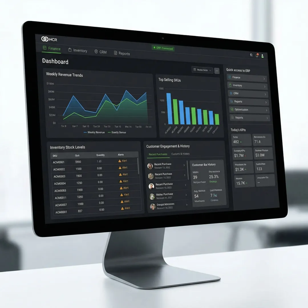 ERP and POS software dashboard displayed on a desktop screen in a retail back office