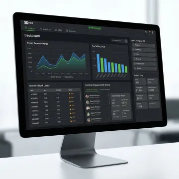 ERP and POS software dashboard displayed on a desktop screen in a retail back office