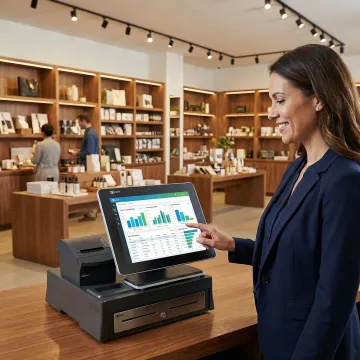 Specialty retail store manager reviewing analytics dashboard on a touchscreen POS system