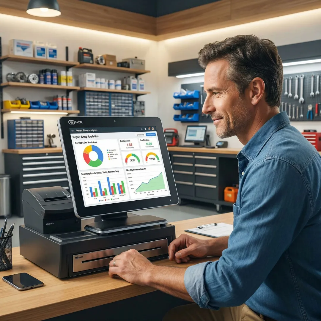 Repair shop owner reviewing sales reports on a POS system