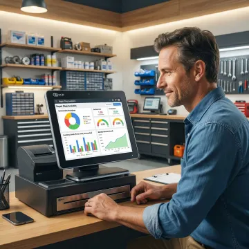 Repair shop owner reviewing sales reports on a POS system