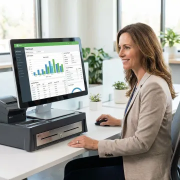 Specialty retailer managing omnichannel POS dashboard on a desktop computer showing sales and inventory data.