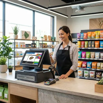 Retail associate using an omnichannel point of sale software system at a specialty store checkout counter.