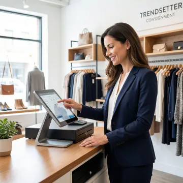 Consignment shop manager using POS software on a touchscreen terminal at checkout