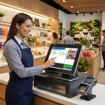 Retail staff using a POS system with CPQ and payment processing integration