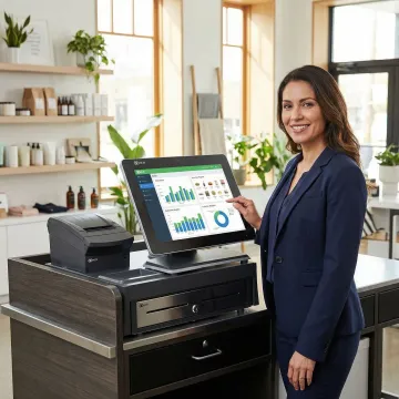 Retail store manager reviewing customizable POS software reporting dashboard on a touchscreen terminal