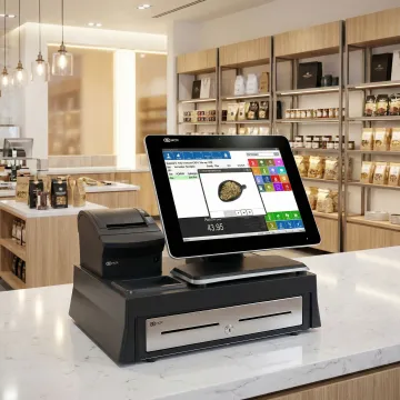 Franchise retail POS software dashboard displayed on a touchscreen terminal at a multi-location store