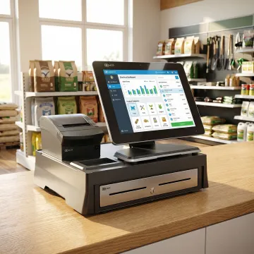 Cloud-based POS system software on a retail touchscreen terminal with inventory dashboard