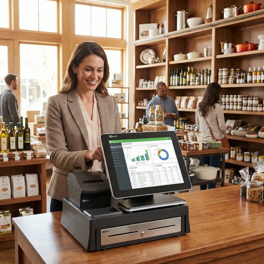 Retail store manager reviewing POS dashboard on a touchscreen terminal