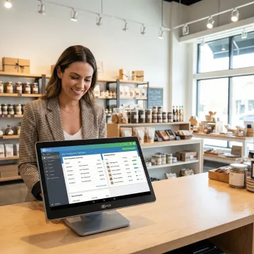 Specialty retail store owner reviewing POS integration dashboard with Visa payment reports