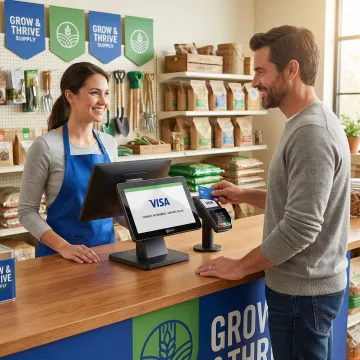 Retail POS terminal processing a Visa card payment at a specialty store checkout counter