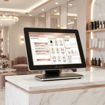 Salon and spa POS system with accounting integration on a modern touchscreen terminal at a reception desk