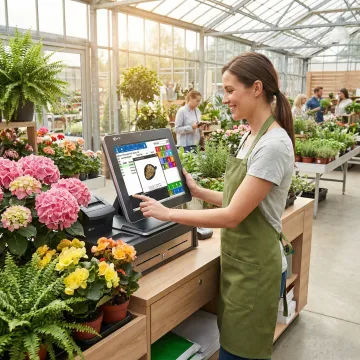 Nursery staff member reviewing plant inventory data on a POS terminal inside a garden center
