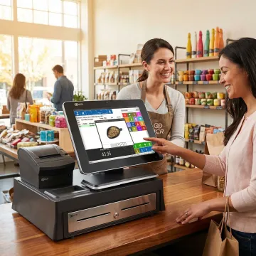 Retail POS system in a San Antonio specialty store with touchscreen checkout