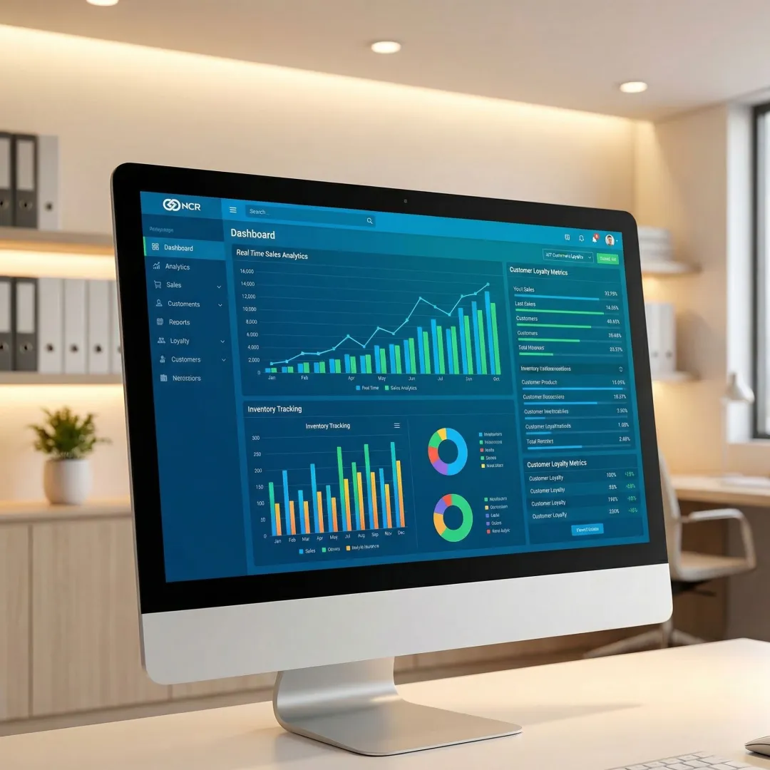AMS Retail NCR Counterpoint POS dashboard showing inventory and sales reports