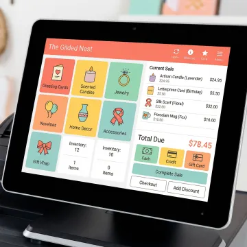 Gift shop POS system displaying inventory and sales dashboard on a touchscreen