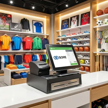 Sporting goods store POS system in action at checkout counter