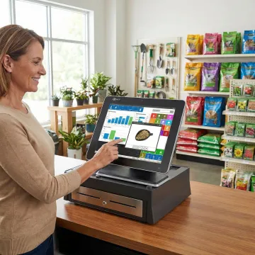 Specialty retail store owner reviewing sales dashboard on NCR Counterpoint POS system
