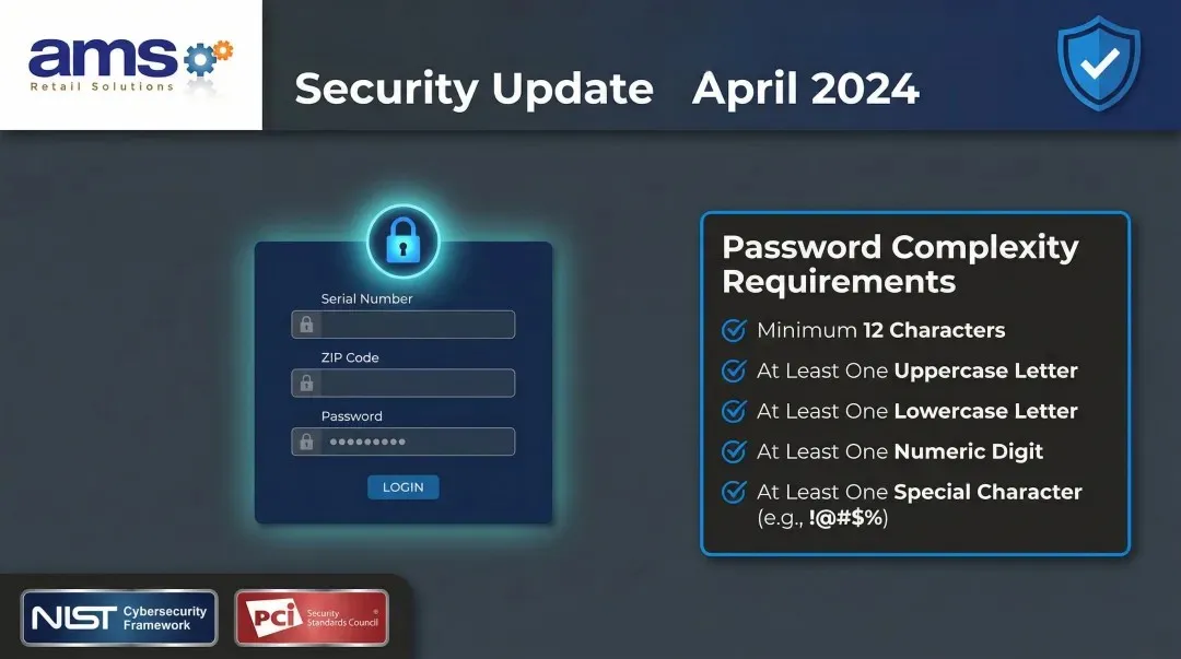 NCR Voyix Counterpoint User Portal April 2024 password security requirements infographic