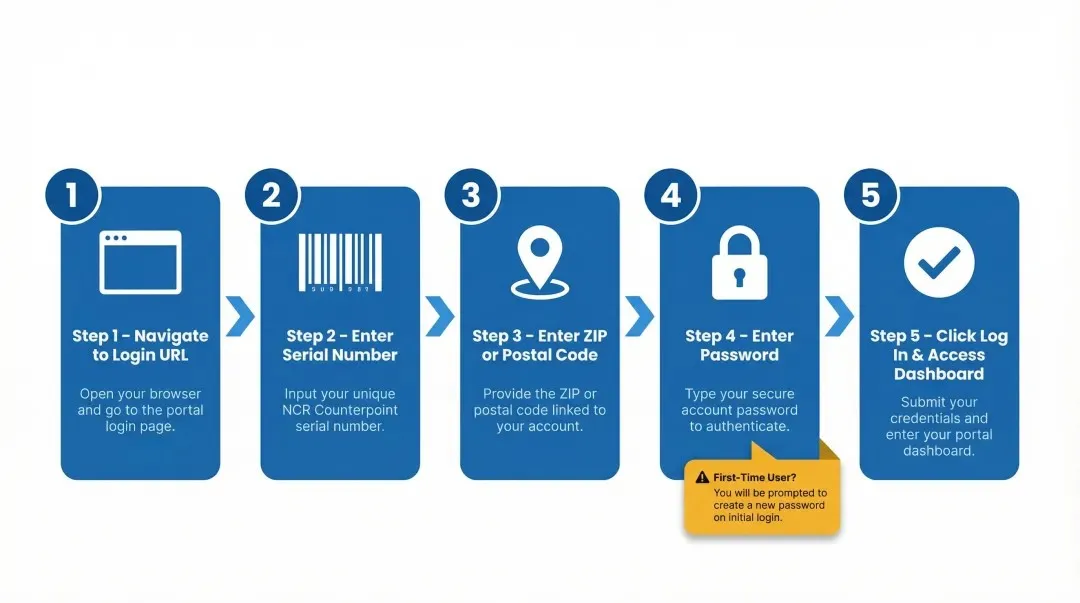 5-step NCR Voyix Counterpoint User Portal login process flow diagram
