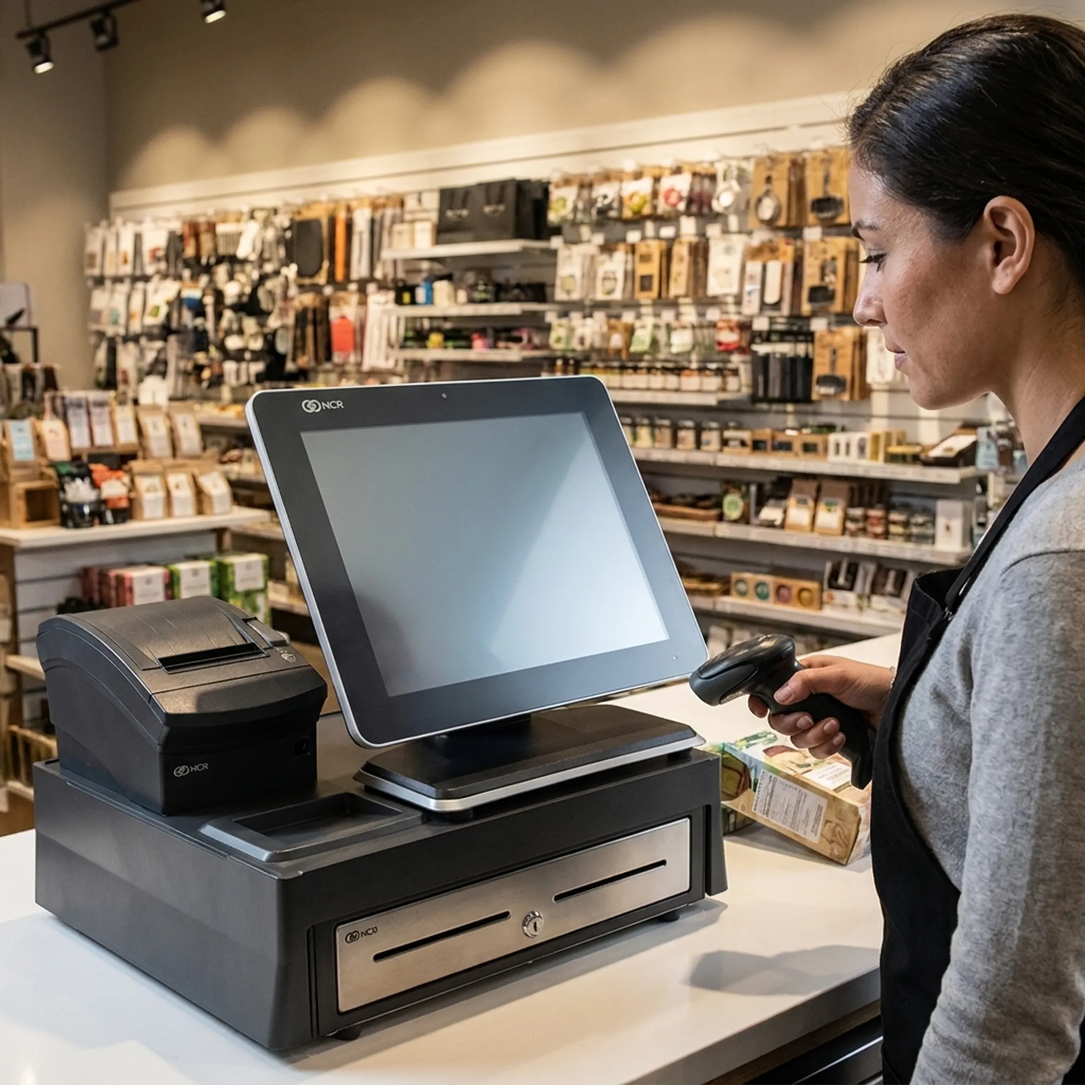Retail associate using point of sale software at a specialty store checkout