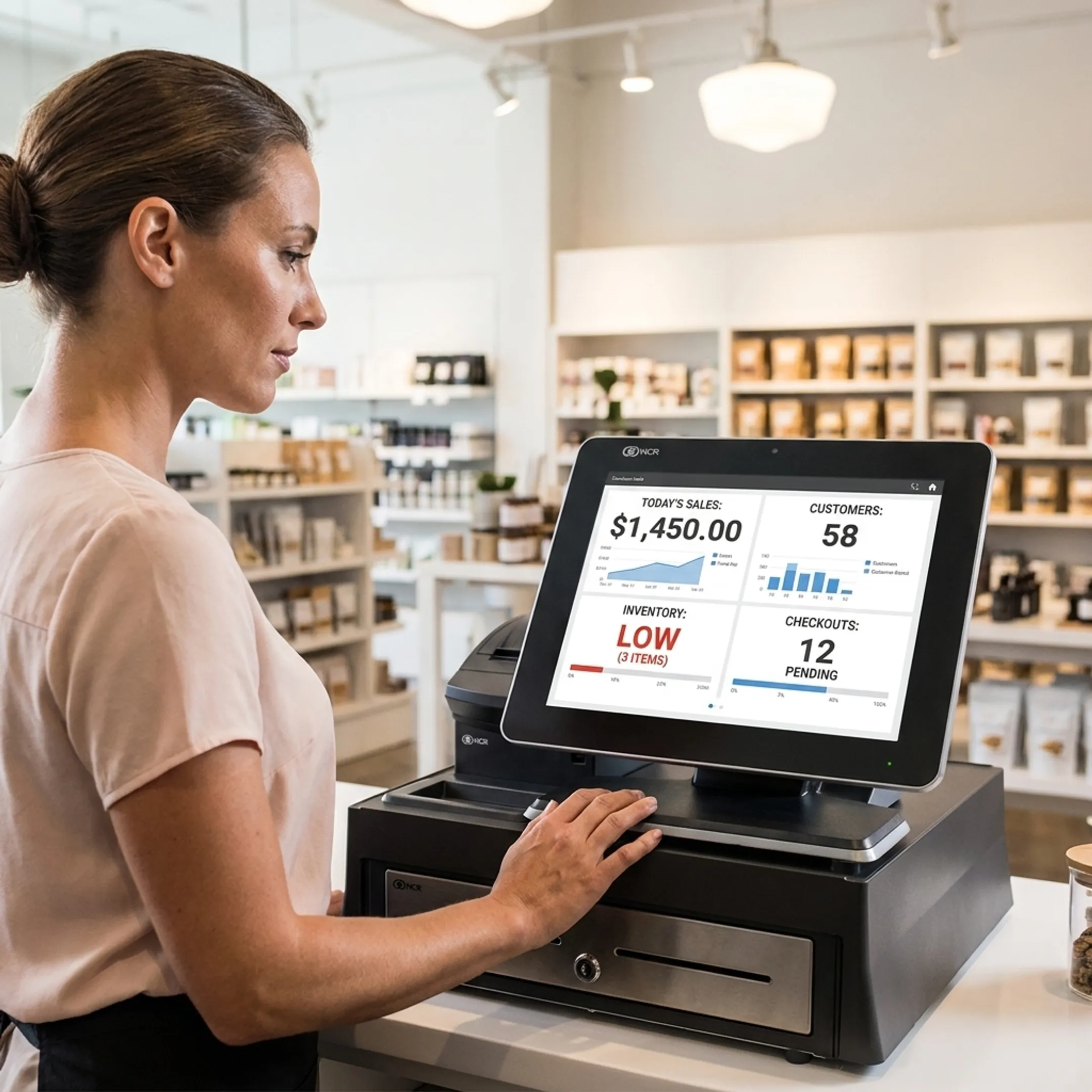 Specialty retailer reviewing inventory and checkout data on POS software
