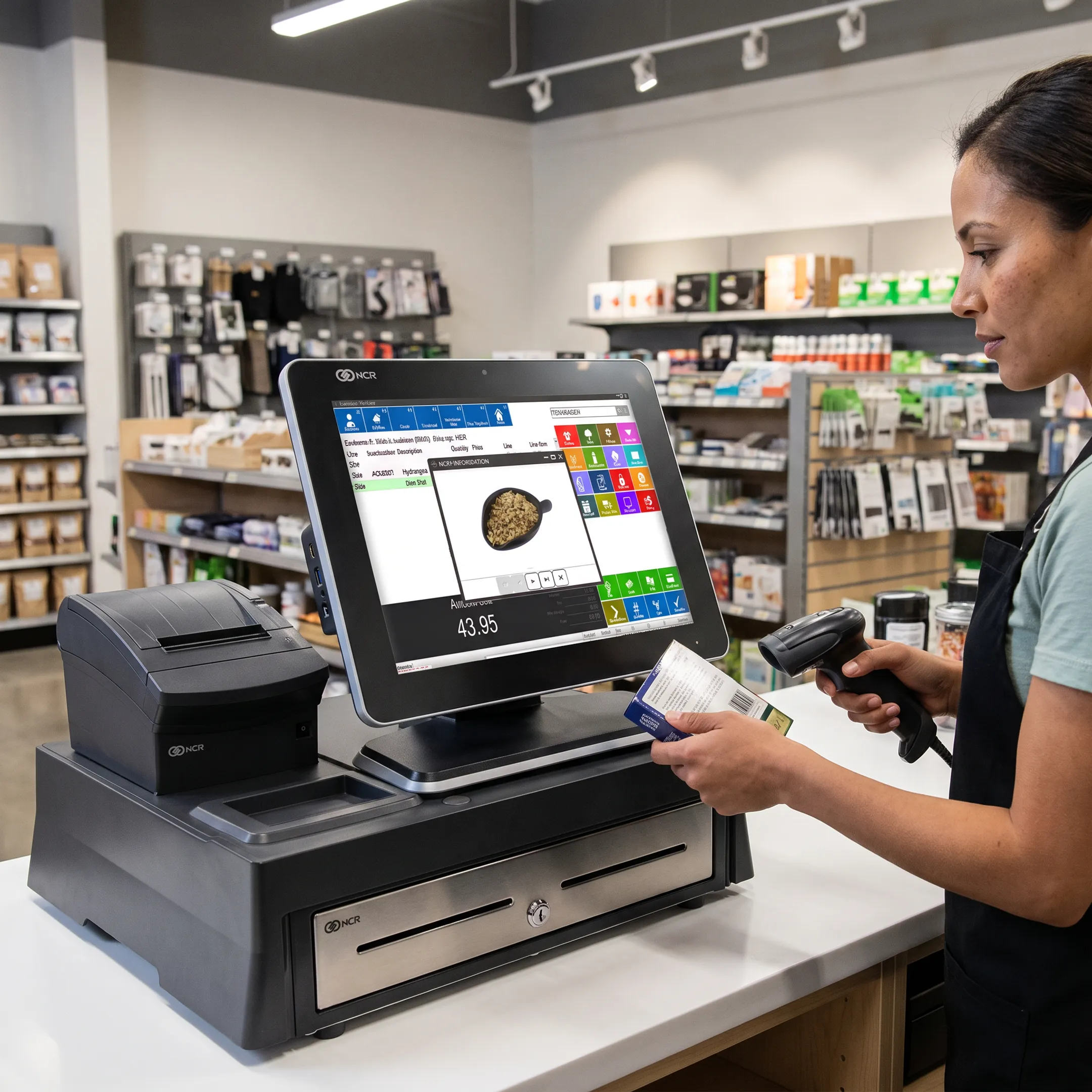 Retail associate using Counterpoint POS software at a specialty store checkout