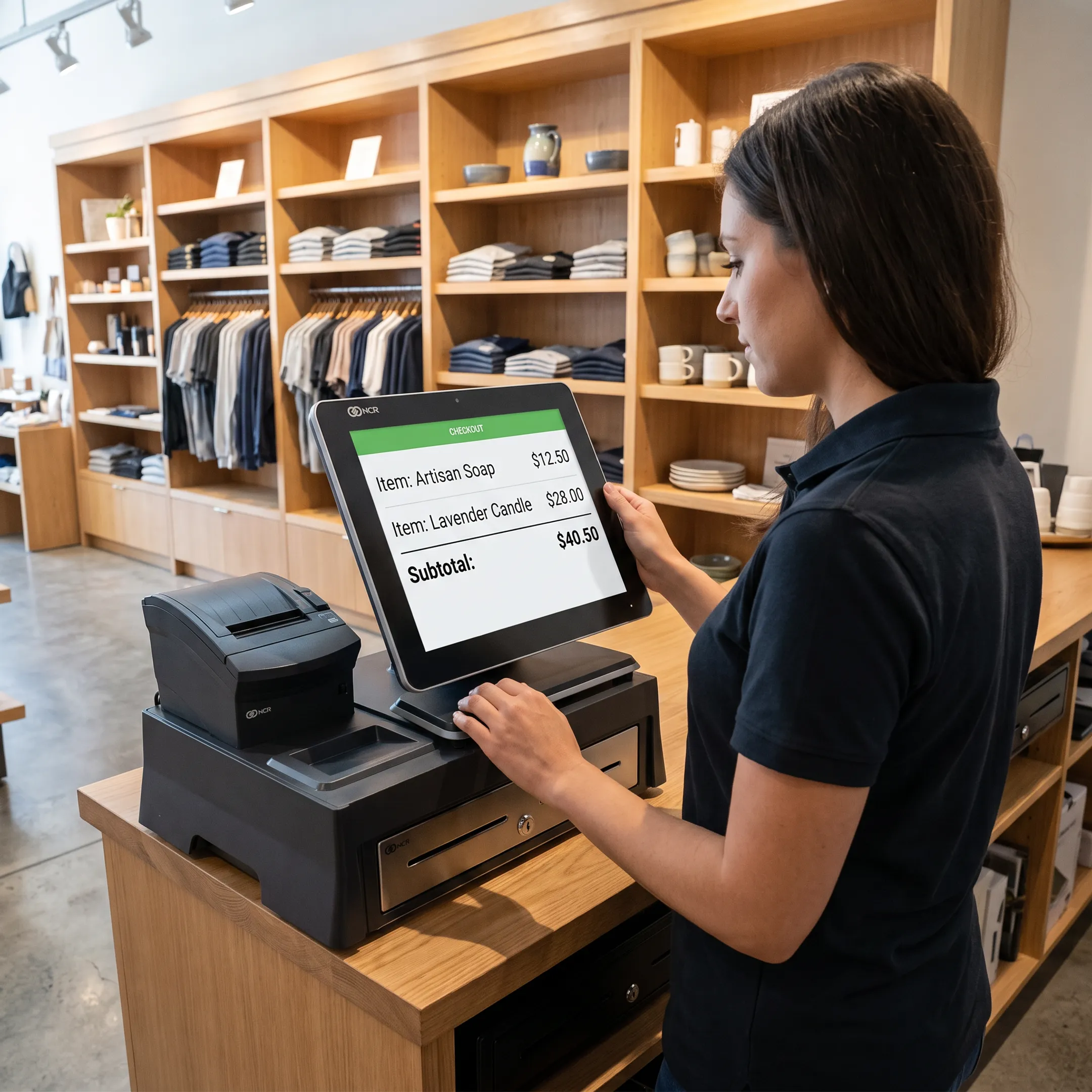 Retail associate using a cloud-connected point of sale system in a specialty store