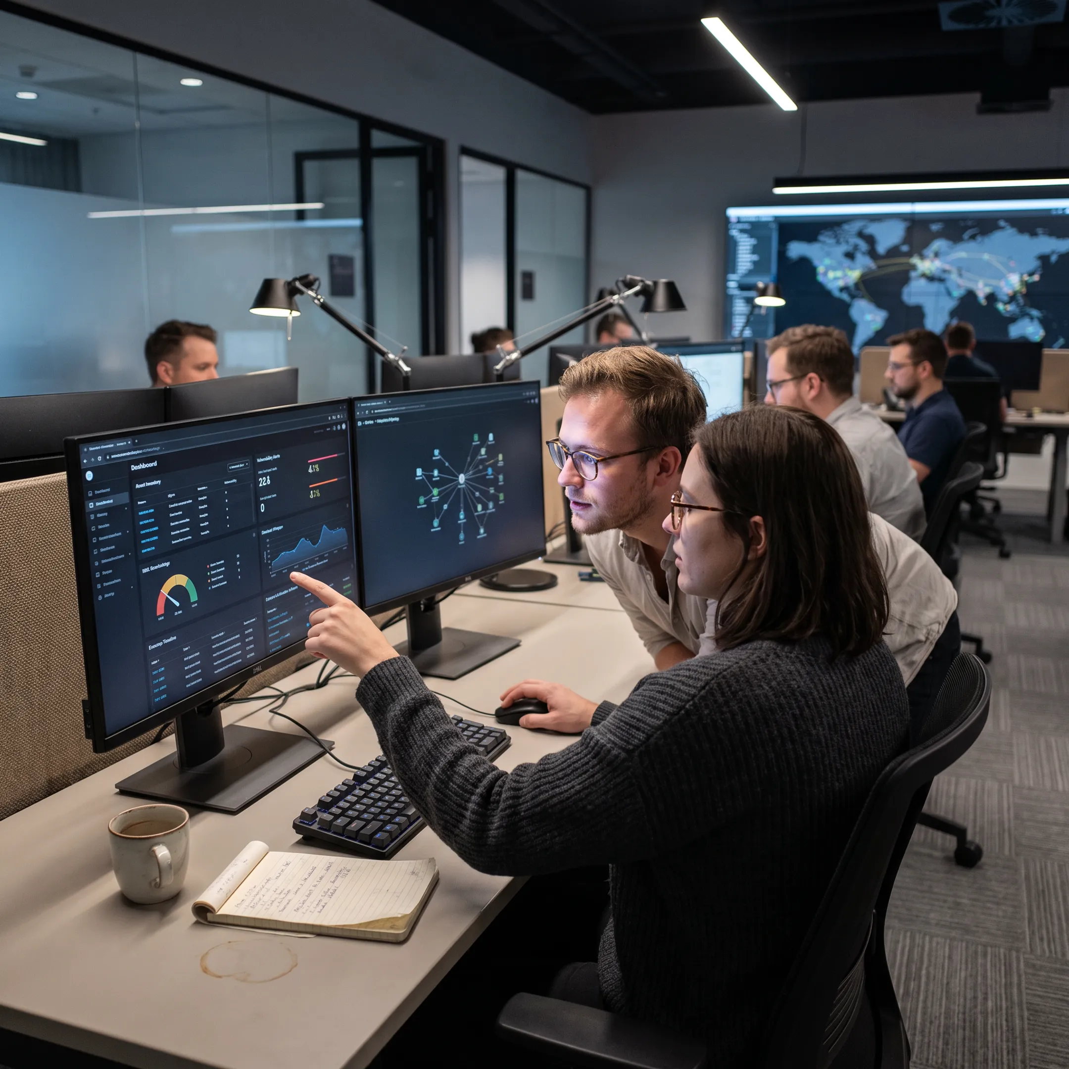 Enterprise cybersecurity dashboard monitoring IT, OT, cloud, and vulnerability data