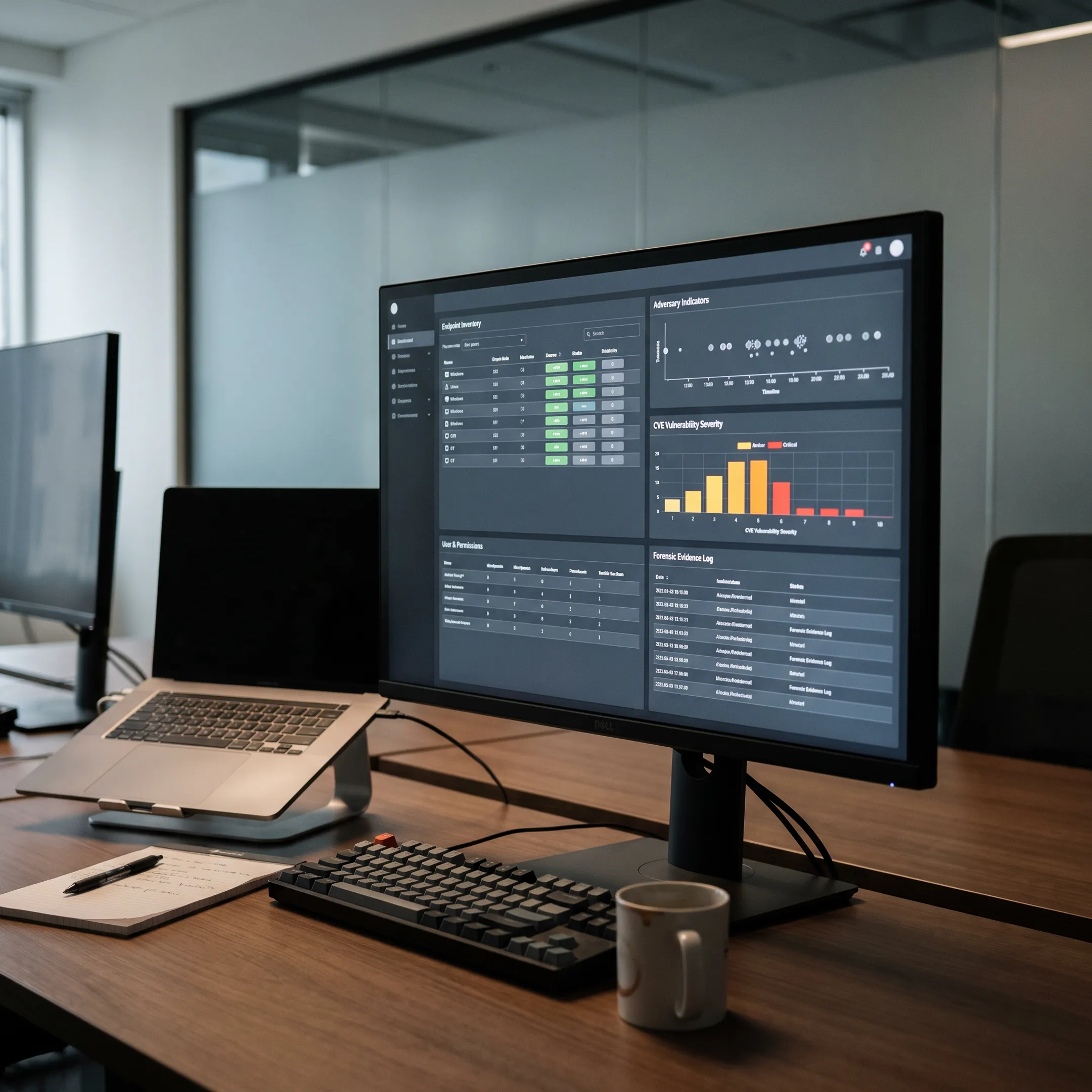 Cybersecurity dashboard showing endpoint risks, adversary indicators, and forensic evidence