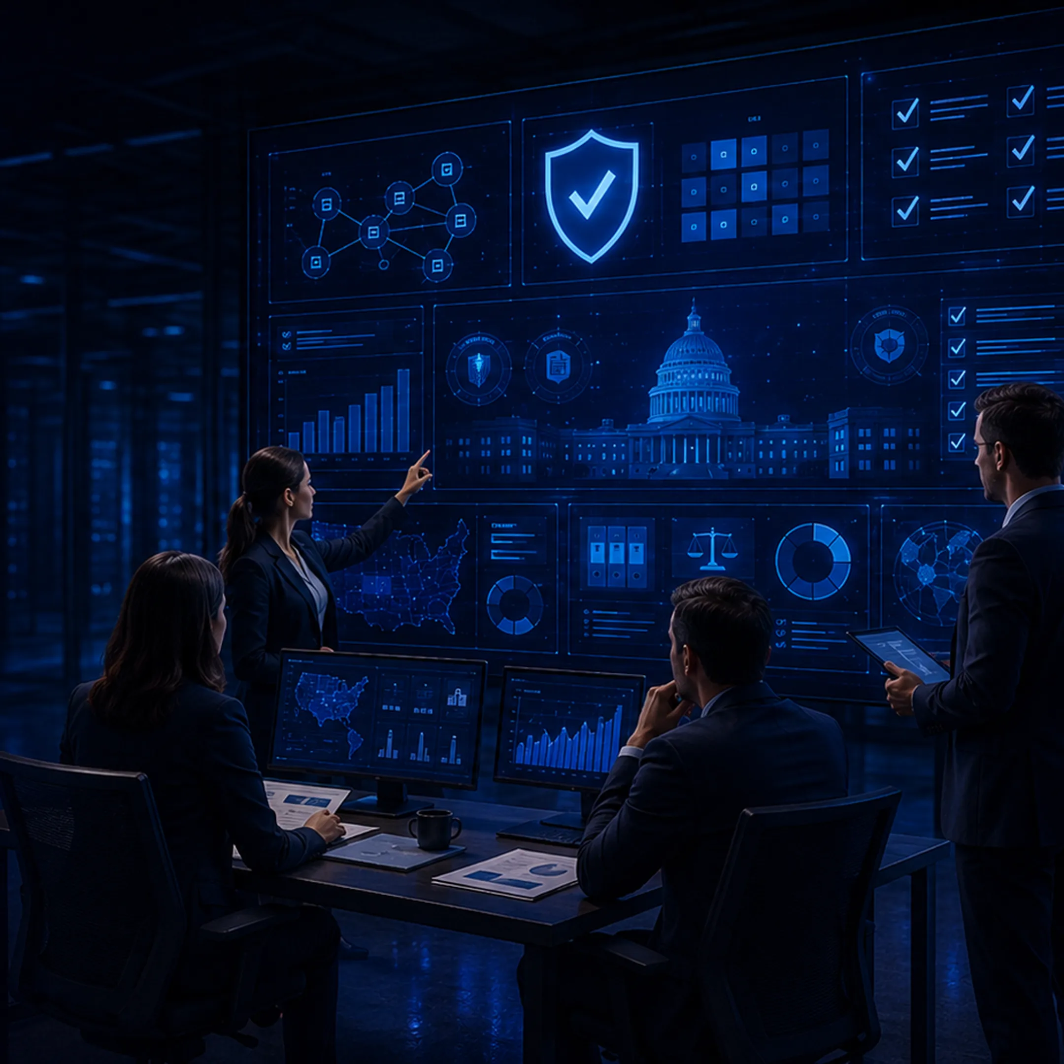Cybersecurity operations dashboard monitoring government and critical infrastructure systems