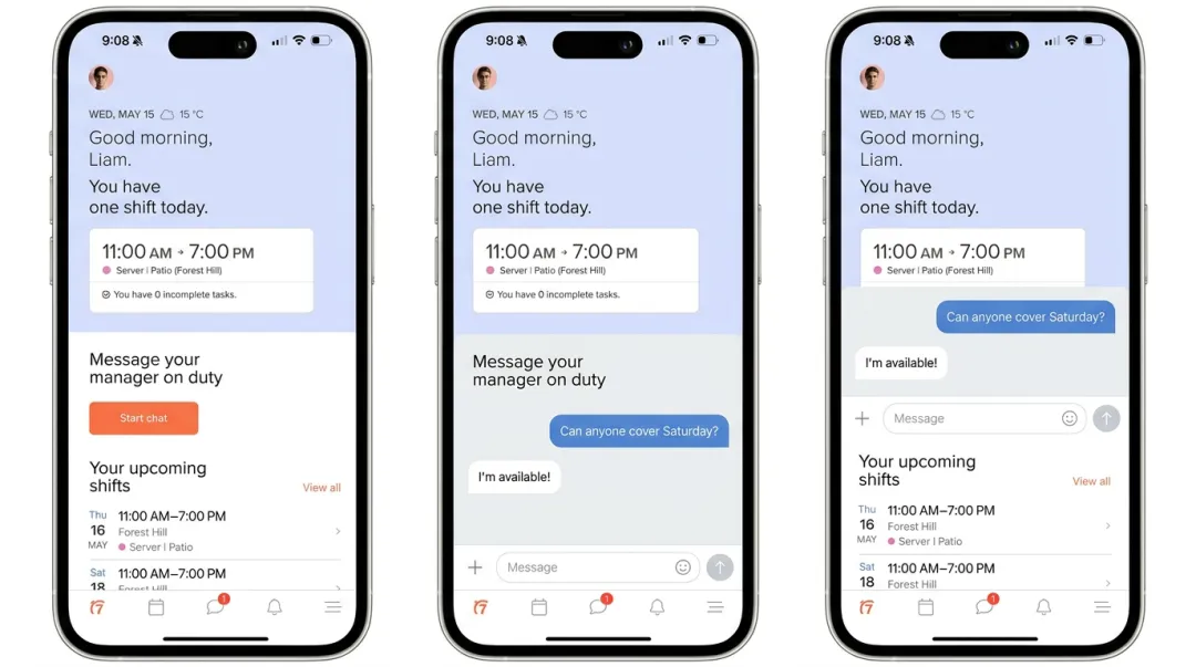 7shifts restaurant scheduling and team messaging mobile app interface screenshot