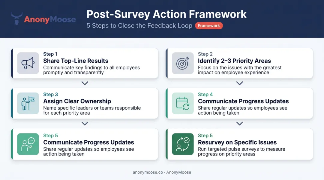 Five-step post-survey action plan framework from results to follow-up resurvey