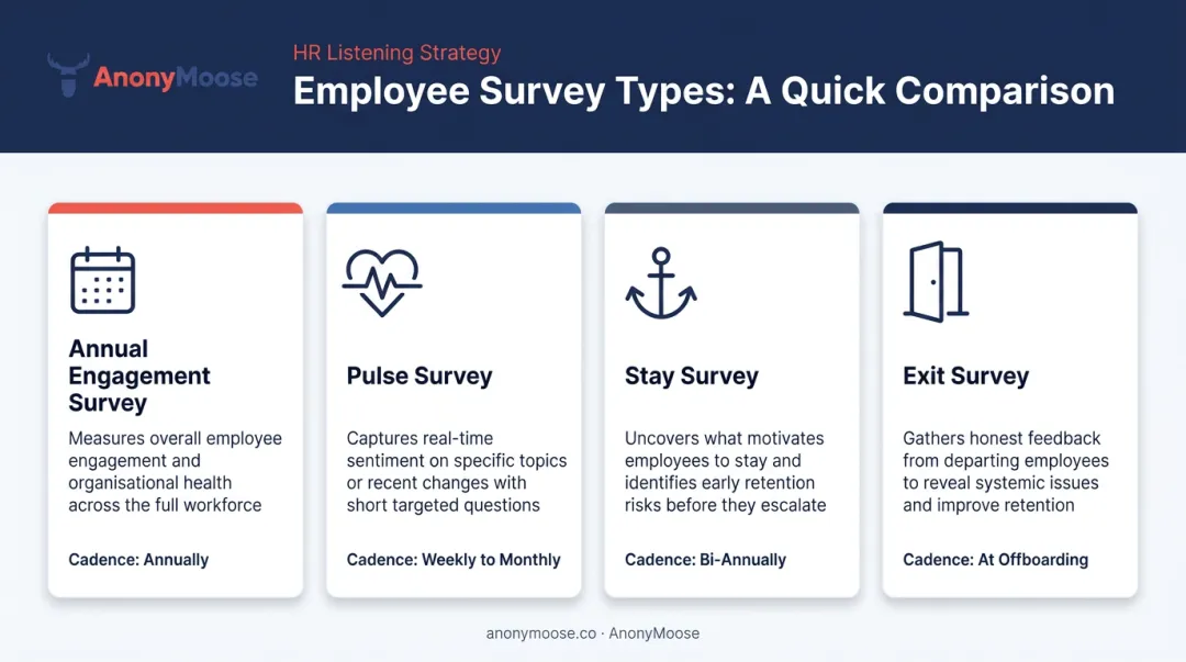 Four employee feedback survey types comparison chart cadence and purpose
