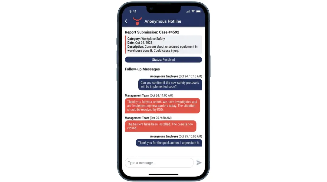 AnonyMoose mobile app hotline interface showing anonymous two-way conversation thread