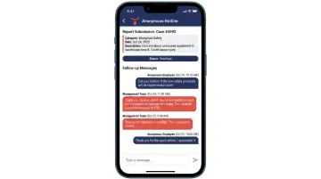 AnonyMoose mobile app hotline interface showing anonymous two-way conversation thread