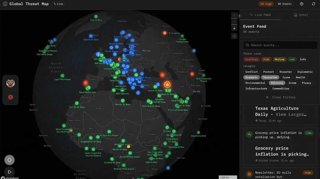AI-powered real-time threat detection dashboard displaying global risk alerts and geovisualization