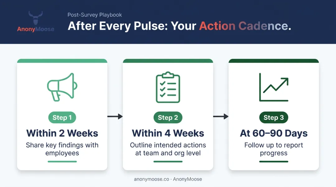 Three-step pulse survey action cadence timeline from results to follow-up
