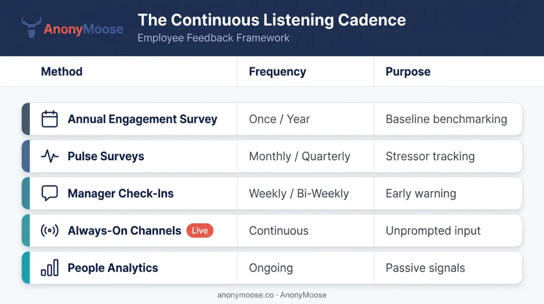 Continuous employee listening strategy cadence table showing five feedback methods and frequency