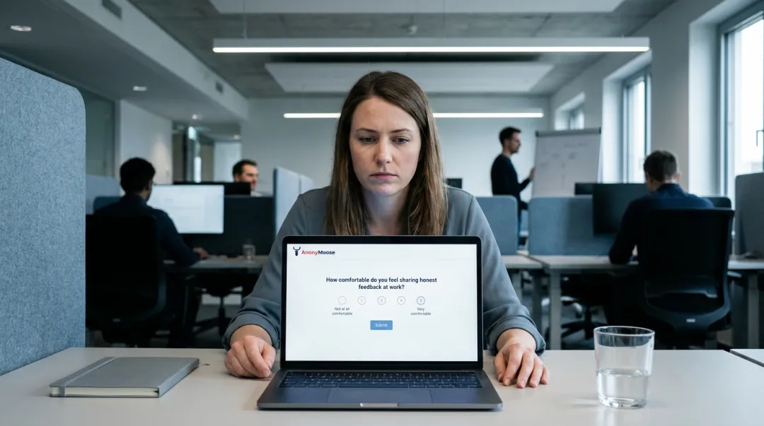 Disengaged employee declining workplace survey on laptop in office setting