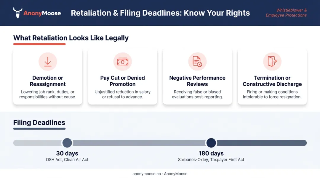 Four forms of illegal workplace retaliation and whistleblower filing deadlines comparison chart