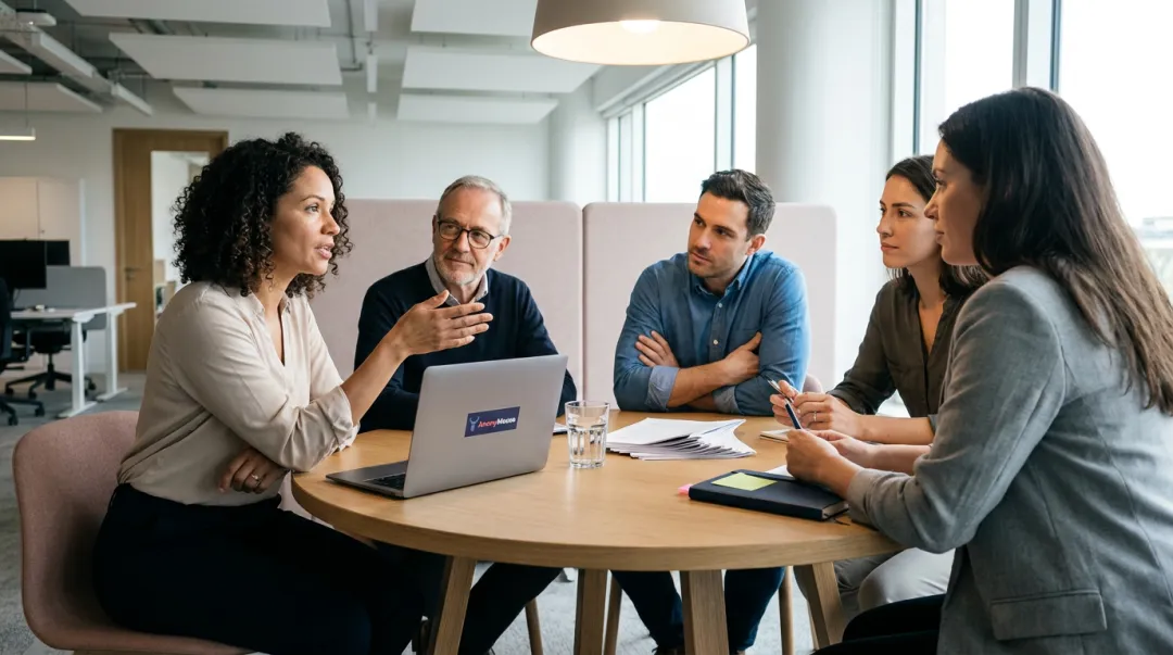 Diverse workplace team communicating openly in psychologically safe team meeting