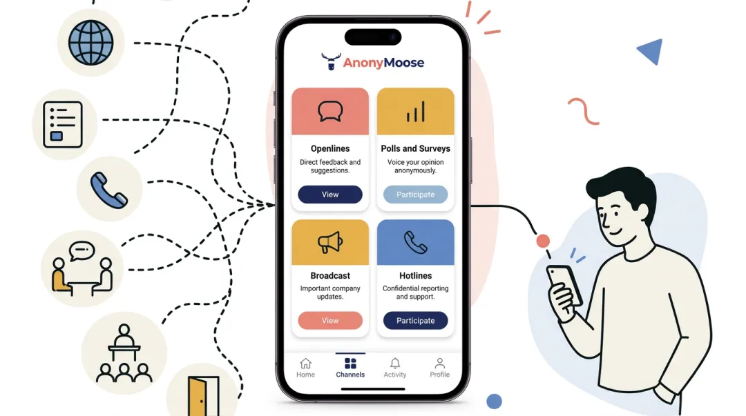 AnonyMoose platform four communication channel features displayed on mobile interface