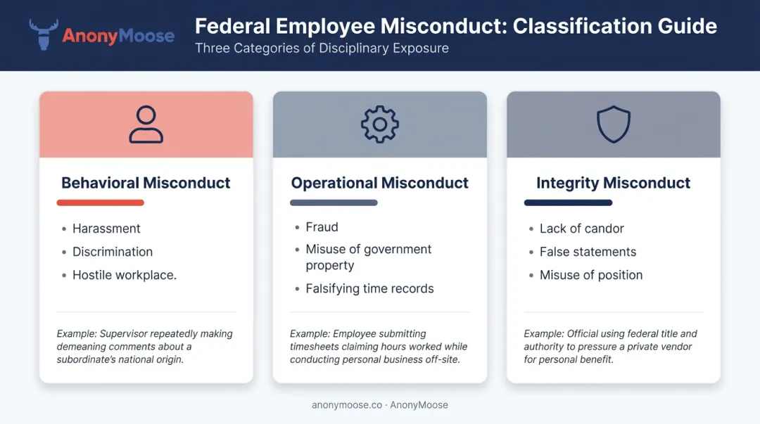 Three categories of federal employee misconduct behavioral operational and integrity violations
