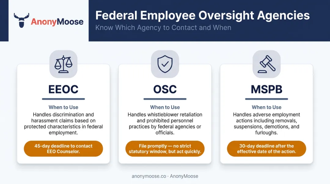 Federal misconduct reporting agencies EEOC OSC MSPB comparison chart with filing deadlines