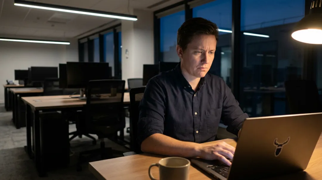 Frustrated employee leaving negative public review on laptop in empty office