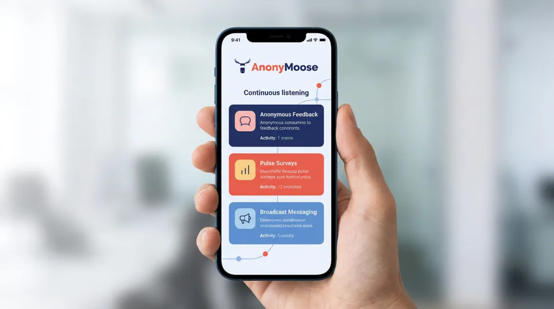 AnonyMoose mobile platform showing anonymous feedback pulse survey and broadcast features