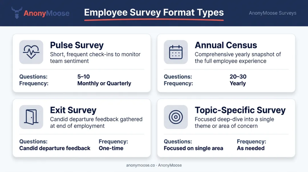 Four anonymous employee survey format types purpose and question count overview