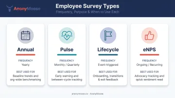 Four employee survey types comparison chart showing frequency and best use cases