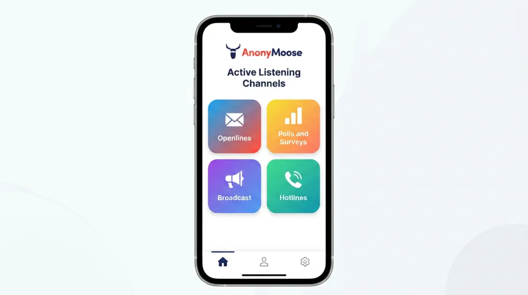 AnonyMoose mobile app interface showing four active listening channel options